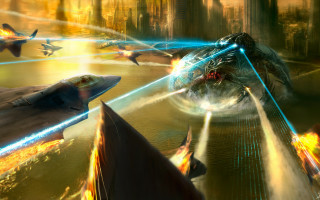 Fighterjets city night lasers explosion - a group of fighter jets free wallpaper