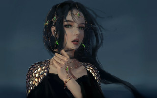 Woman greeneyes blackdress goldbeads fantasy - art station free wallpaper