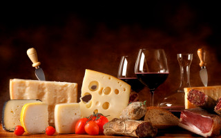 Cheese wine meats fruit stilllife 3 - a wooden table free wallpaper