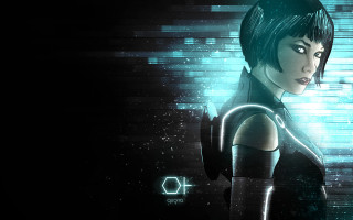 Futuristic woman cyberpunk space aurora - light behind her free wallpaper
