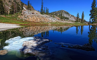 Lake snow forest mountains bridge - the water and mountains free wallpaper