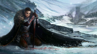 Man black cloak sword snowy 3 - epic fantasy free wallpaper