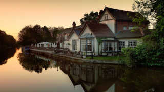 Riverhouse forest hillside sunset boat - hillside free wallpaper for desktop