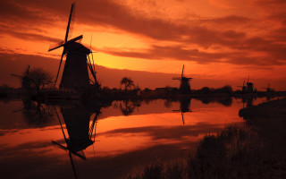 Windmill sunset water reflection impressionism - a windmill free wallpaper for desktop