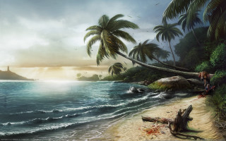 Beach palm lighthouse boat sunset - cinematic matte painting free wallpaper for desktop