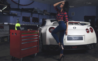 Woman car garage tools fashion - a car in a garage free wallpaper