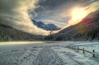 Snowy landscape path mountain lake - bob ross free wallpaper for desktop