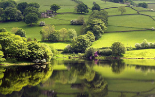 Lake green hills house impresionist - lush green hill and trees free wallpaper