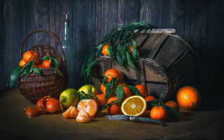 Oranges knife basket wine stilllife - photorealistic imagery free wallpaper