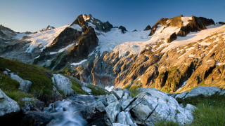 Mountain range stream grassy landscape 2 - rock and grass free wallpaper