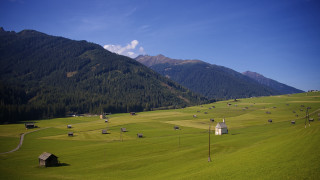 Green field mountain houses road - a few house free wallpaper