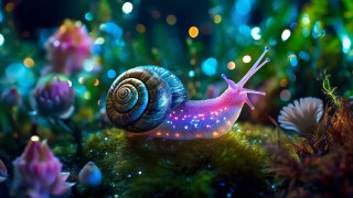 Snail mossy flower christmas bokeh - ultra realistic digital art free wallpaper
