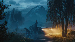Man rainy road dog mountain - free vintage wallpaper