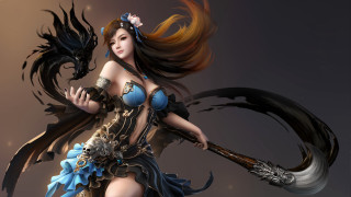 Fantasy woman axe sword dragon - a costume holding free wallpaper