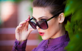 Woman sunglasses purple shirt adjusting 2 - free vintage wallpaper