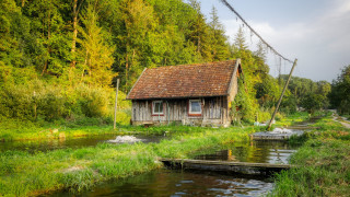 Small house river forest power - cable wire free wallpaper
