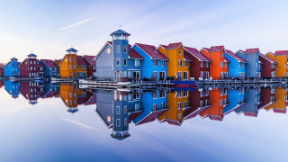 Houses water clock tower symmetry - a cubist painting free wallpaper