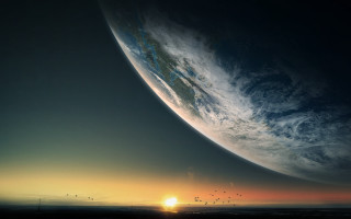 Large planet sunset horizon ocean - a. hardy free wallpaper