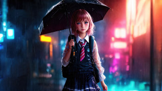 Pink hair umbrella rain city - a girl in a school uniform holding free wallpaper