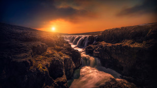 Waterfall sunset river mountain city - derold page free wallpaper