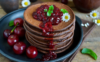 Pancakes cherry jam flowers leaves - free hearts wallpaper