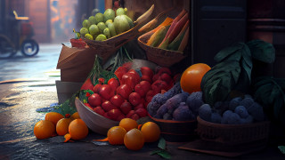 Fruit stand oranges apples baskets - other fruit free wallpaper
