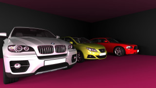 Three colored cars black wall - colored free wallpaper