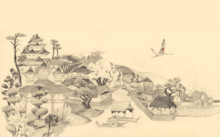 Village bird architecture scenery matte - eishōsai chōki free wallpaper