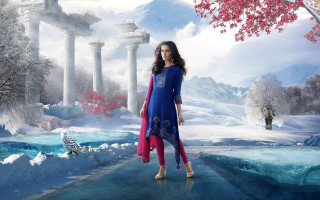 Woman blue dress snowy landscape - christian hilfgott brand free wallpaper for desktop