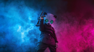 Panda suit gun cyberpunk synthwave - synthwave style free wallpaper for desktop