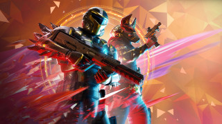 Couple holding guns triangles red - poster art free wallpaper for desktop