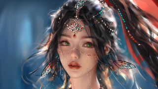 Woman green eyes butterfly headdress - a digital painting of a woman free wallpaper