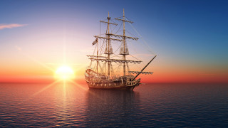 Large boat sunset ocean mountain - a large boat free wallpaper