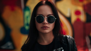 Woman sunglasses black jacket red - a red hair free wallpaper