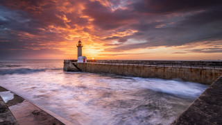 Lighthouse pier sunset waves water - andrew geddes free wallpaper for desktop