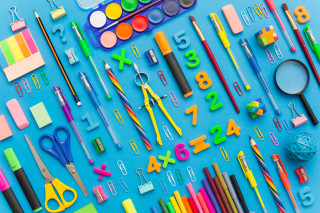 Blue table school supplies scissors - graphic design free wallpaper