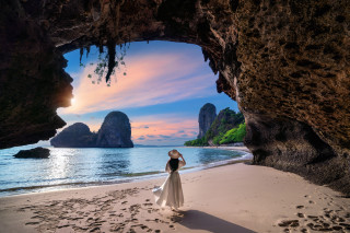 Woman beach cave ocean mountains - a beach next free wallpaper for desktop
