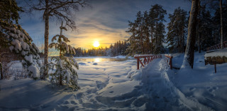 Snowy path lake sunset bridge - a bridge in the foreground free wallpaper
