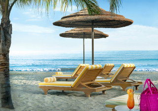 Beach lounges umbrellas beachbag pinkbag - didier mouron free wallpaper for desktop