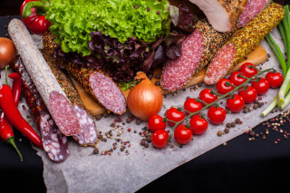 Meat vegetables bread table black - vegetable free wallpaper