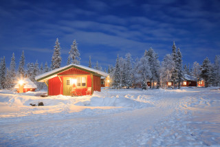 Snowy cabin night forest lights - brian snøddy free wallpaper