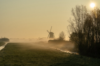Windmill foggy field stream impressionist - mist free wallpaper for desktop