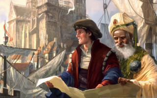 Pirate men map cityscape castle - a tall building in the background free wallpaper