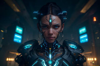 Futuristic woman cyberpunk glowing armor - cedric peyravernay free wallpaper for desktop