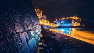 Night cityscape bridge clocktower artdeco - rich moody colour free wallpaper