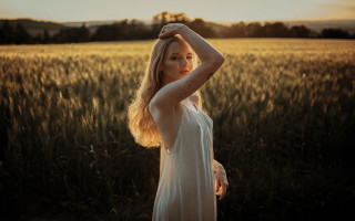 Woman white dress field sunset 6 - american barbizon school free wallpaper