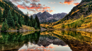Mountain lake forest red sky - free landscape wallpaper