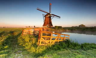 Windmill greenfield river bush sky - a windmill free wallpaper for desktop