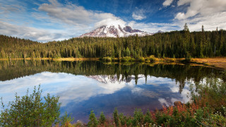 Mountain reflection lake trees clouds 5 - tree and shrubs free wallpaper