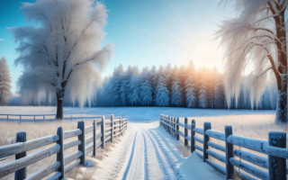Snowy landscape fence trees sun - a fence and trees free wallpaper